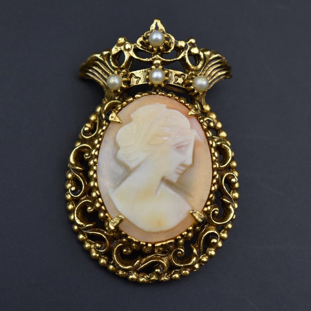 Hand carved shell lady cameo pin, accent signed Florenza collar pin